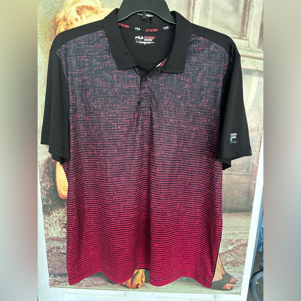 Men’s Fila Sport Athletic Fit golf shirt. Black & hot pink stripes! Size XXL.